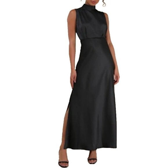 Lulus Maxi Long Dress Large Black Satin Mock Neck A Line Sleeveless NEW - Picture 1 of 12